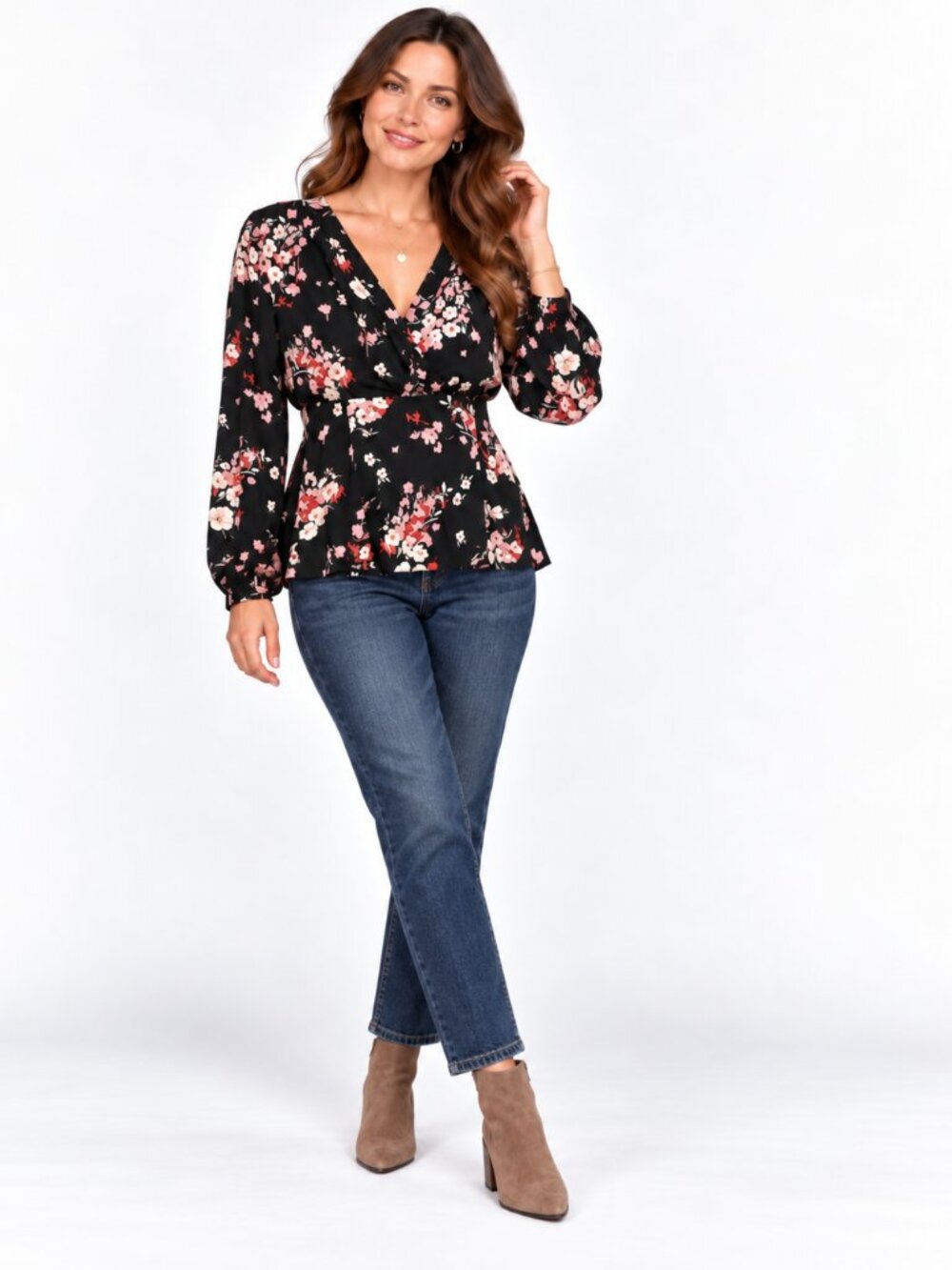 Casual Corner Size 10 Black Floral Wrap Style Long Sleeve Blouse